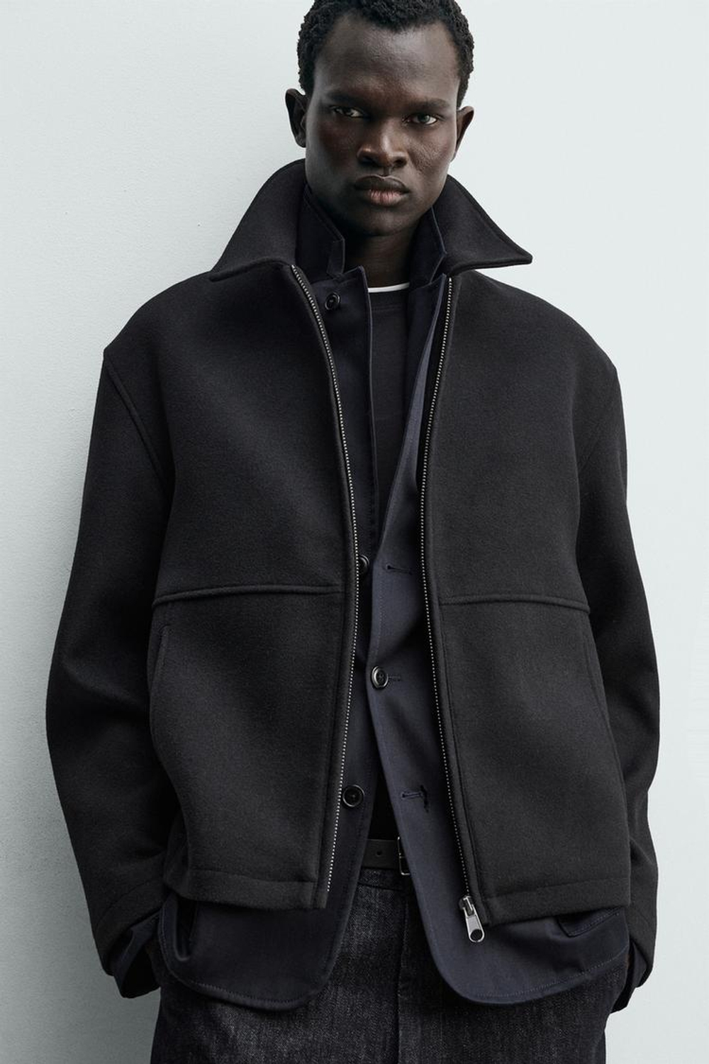 ZARA КУРТКА-БОМБЕР ИЗ ТКАНИ «ЁЛОЧКА» НА МОЛНИИ, ЧЕРНЫЙ