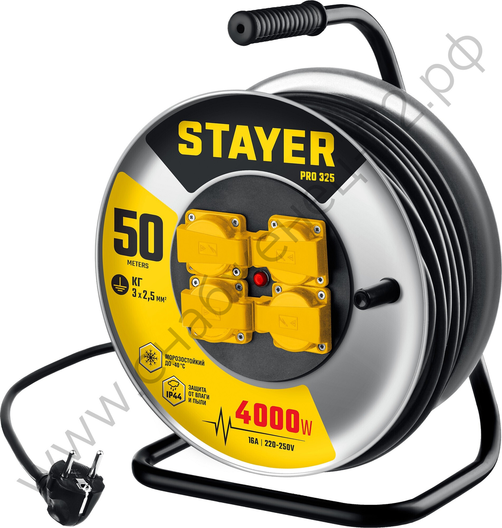 STAYER PRO 325 КГ 3х2.5 50м 4000Вт IP44, Силовой удлинитель на стальной катушке (55076-50)