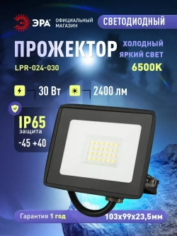 Прожектор светодиодный уличный ЭРА RED LINE LPR-024 влагозащищенный от сети, 30Вт 6500К, IP65