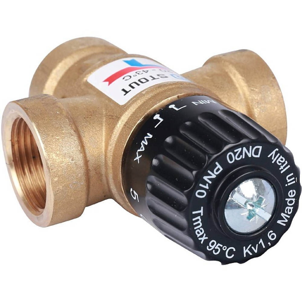 Клапан термостатический смесительный STOUT - 3/4" (ВР, 20-43°C, Kvs 1.6, L-образное смешивание)