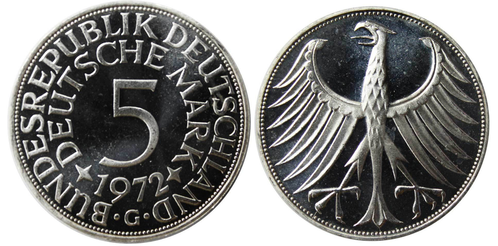 5 марок. Германия (G) Серебро. 1972 г. PROOF