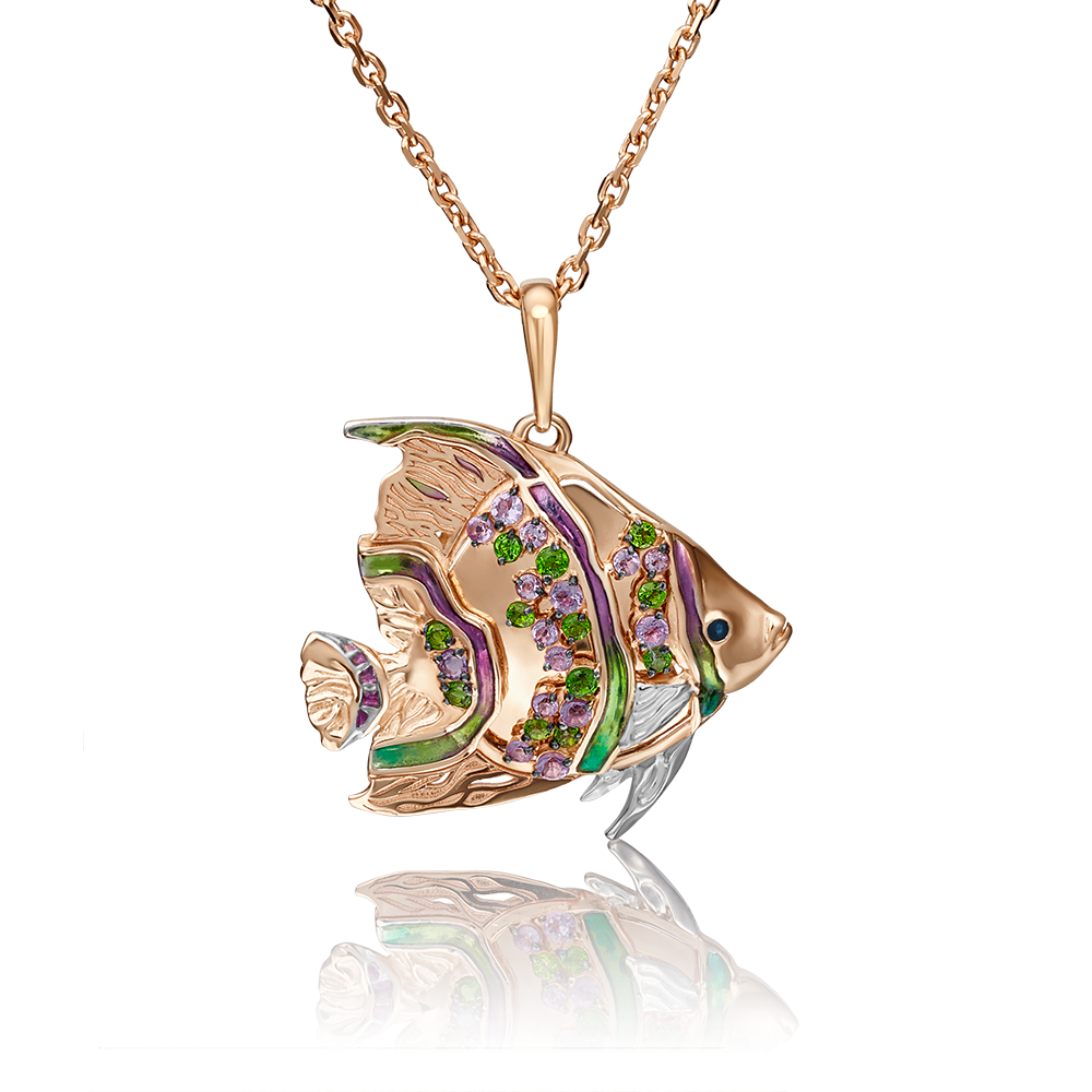 Подвеска «Коралловая рыбка» из красного золота с аметистами, хромдиопсидами и эмалью