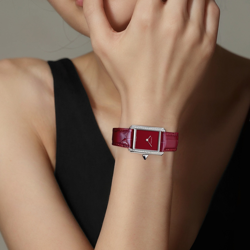 CARTIER Quartz Movement Women"s Watch Watch 22mm Red Watch Dial Stainless Steel Case Crocodile Leather Strap