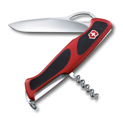 Качественный маленький брендовый фирменный швейцарский складной перочинный нож 130 мм с фиксатором лезвия, красный с чёрным 5 функций Victorinox RangerGrip VC-0.9523.MC