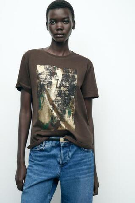 ZARA МЕТАЛЛИЗИРОВАННАЯ ФУТБОЛКА, ШОКОЛАДНЫЙ