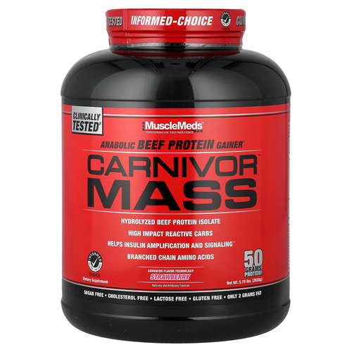 MuscleMeds, Carnivor™ Mass, анаболический гейнер с говяжьим протеином, клубничный вкус, 2628 г (5,79 фунта)