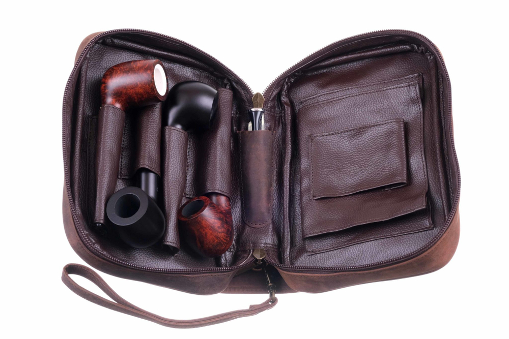 Сумка P&A для 4 трубок и табака, натуральная буйволиная кожа, подарочная упаковка