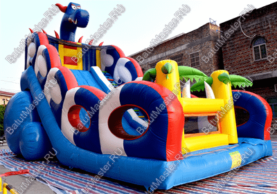 Коммерческий надувной батут-горка "Дракон" 10*5*8 м,без шипов сине-белый