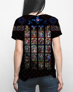 Футболка "Сквозь витражное стекло", по мотивам витража "Пляска Смерти" Бернского собора. XIV в.