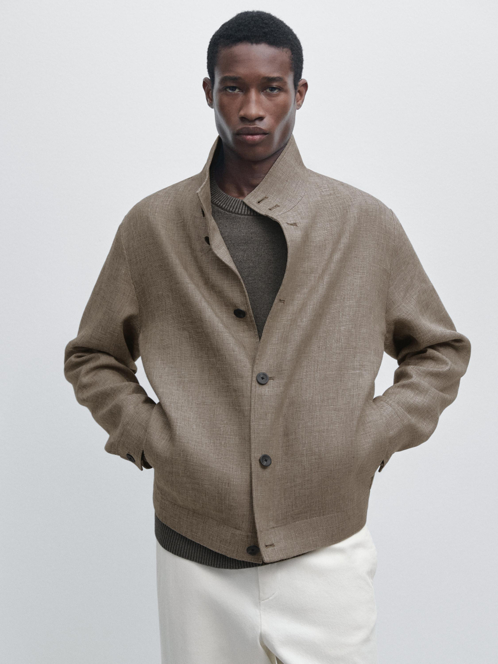 Massimo Dutti Бомбер из смесового льна с воротником, бежевый