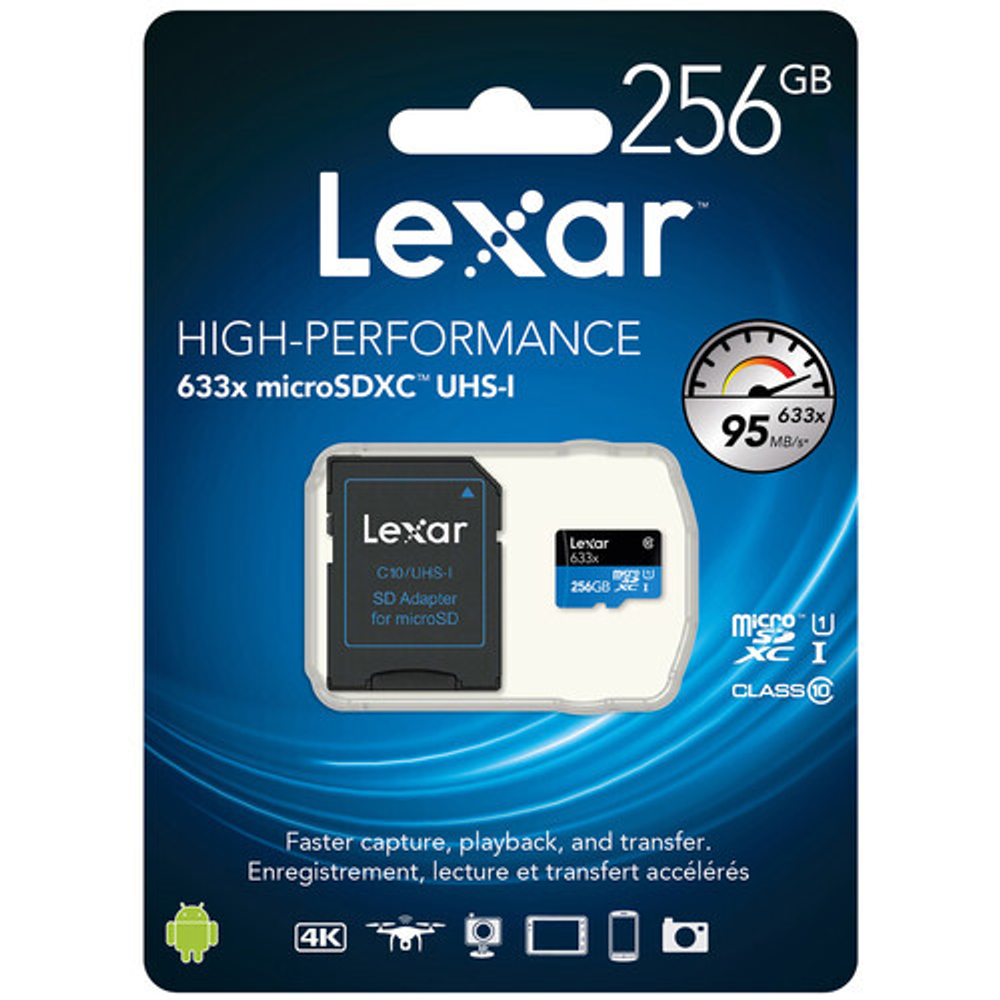Lexar High-Performance 633x microSDXC 256 ГБ UHS-I W/R 100/45 C10 A1 V30 U3 с адаптером
