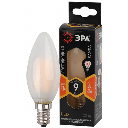 Лампочка светодиодная ЭРА F-LED B35-9w-827-E14 frost Е14 / Е14 9Вт филамент свеча матовая теплый белый свет