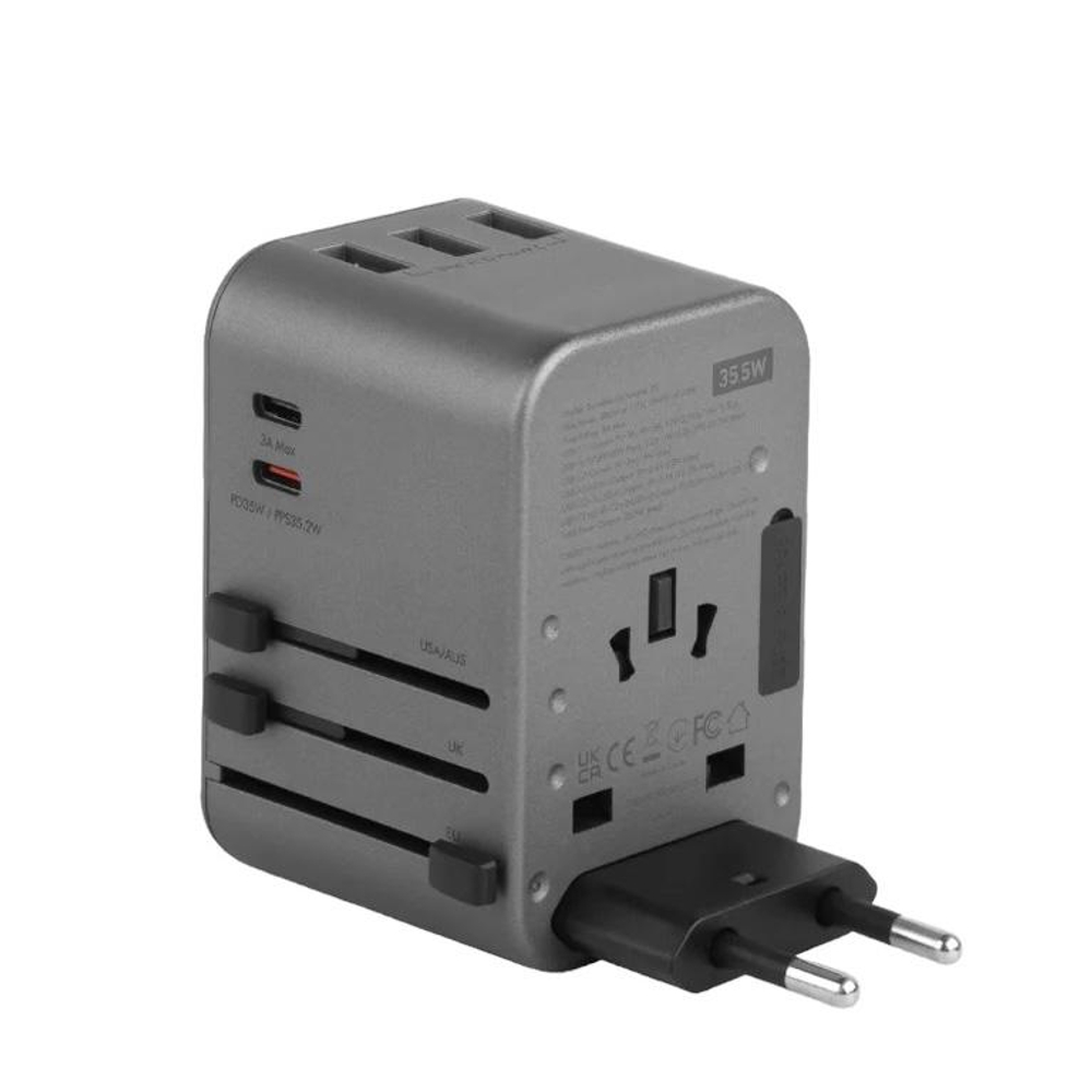 Универсальное сетевое зарядное устройство Energea TravelWorld Adapter 35 (1 розетка, 2 USB-C, 3 USB-A) Туристический адаптер питания повышенной мощности. Есть поддержка PD