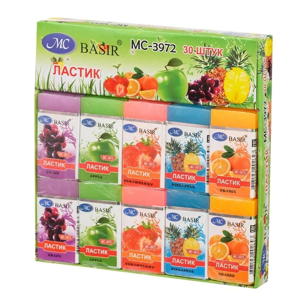 Ластик Basir, прямоугольная форма, серия "Фрукты", цветной корпус, 30 шт