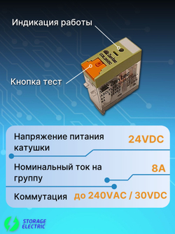 Промежуточное реле 24В DC, 2 контакта 8А (тест и индикация), с колодкой и индикатором
