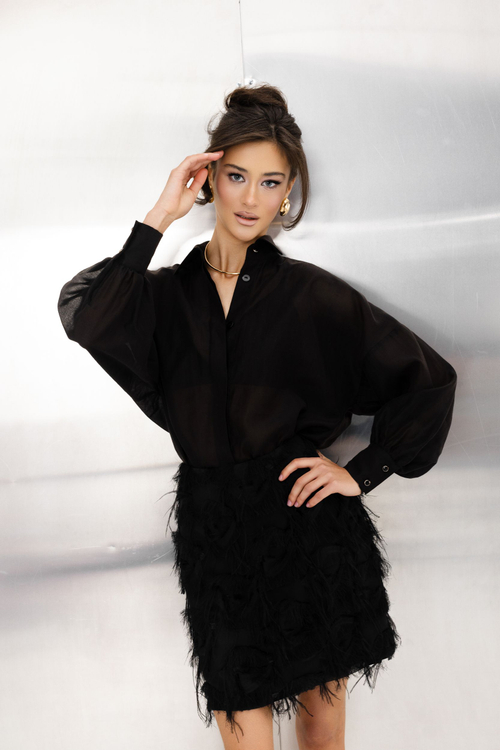 Юбка из шифона с перьями мини черная