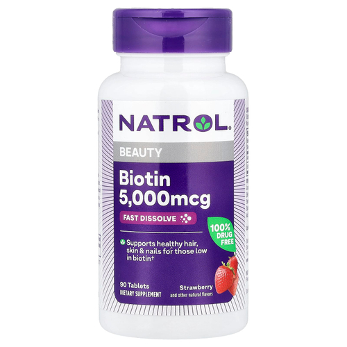 Natrol, Биотин, клубника, 5000 мкг, 90 таблеток