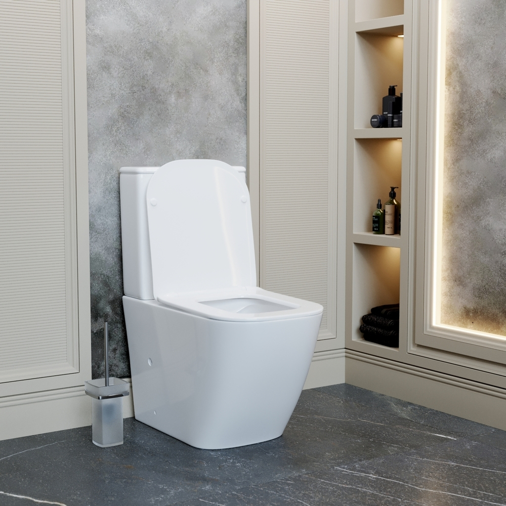 Унитаз-компакт безободковый WAVE QUADRO гориз, нижн, 2-кн.арм, сид. дюропл, м/л, быстр, БЕЛЫЙ глянец