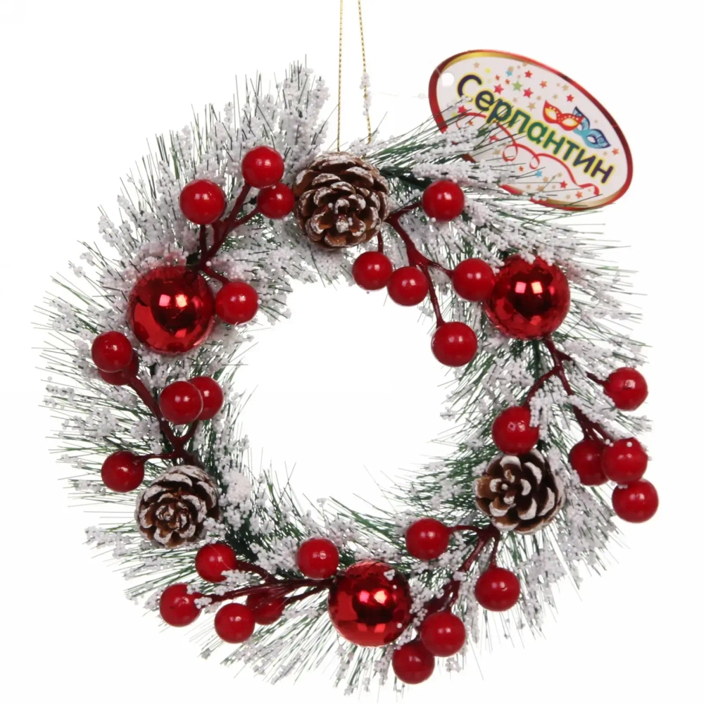Венок новогодний d-20 см «Морозный иней», красный