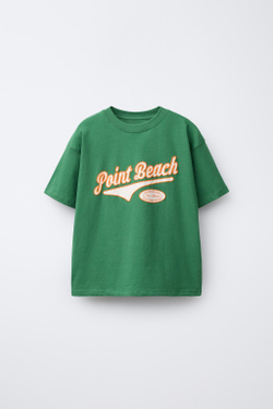 ZARA ФУТБОЛКА С ПРИНТОМ В СТИЛЕ ПРЕППИ, ЗЕЛЕНЫЙ