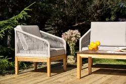 "Канны" лаунж-зона 4-местная из роупа со столиком "Канны" цвета "дуб", основание дуб, роуп бежевый