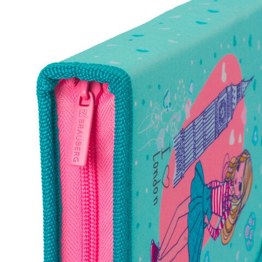 Пенал BRAUBERG, 1 отделение, 1 откидная планка, ткань, 20х14 см, "Girl", 229283