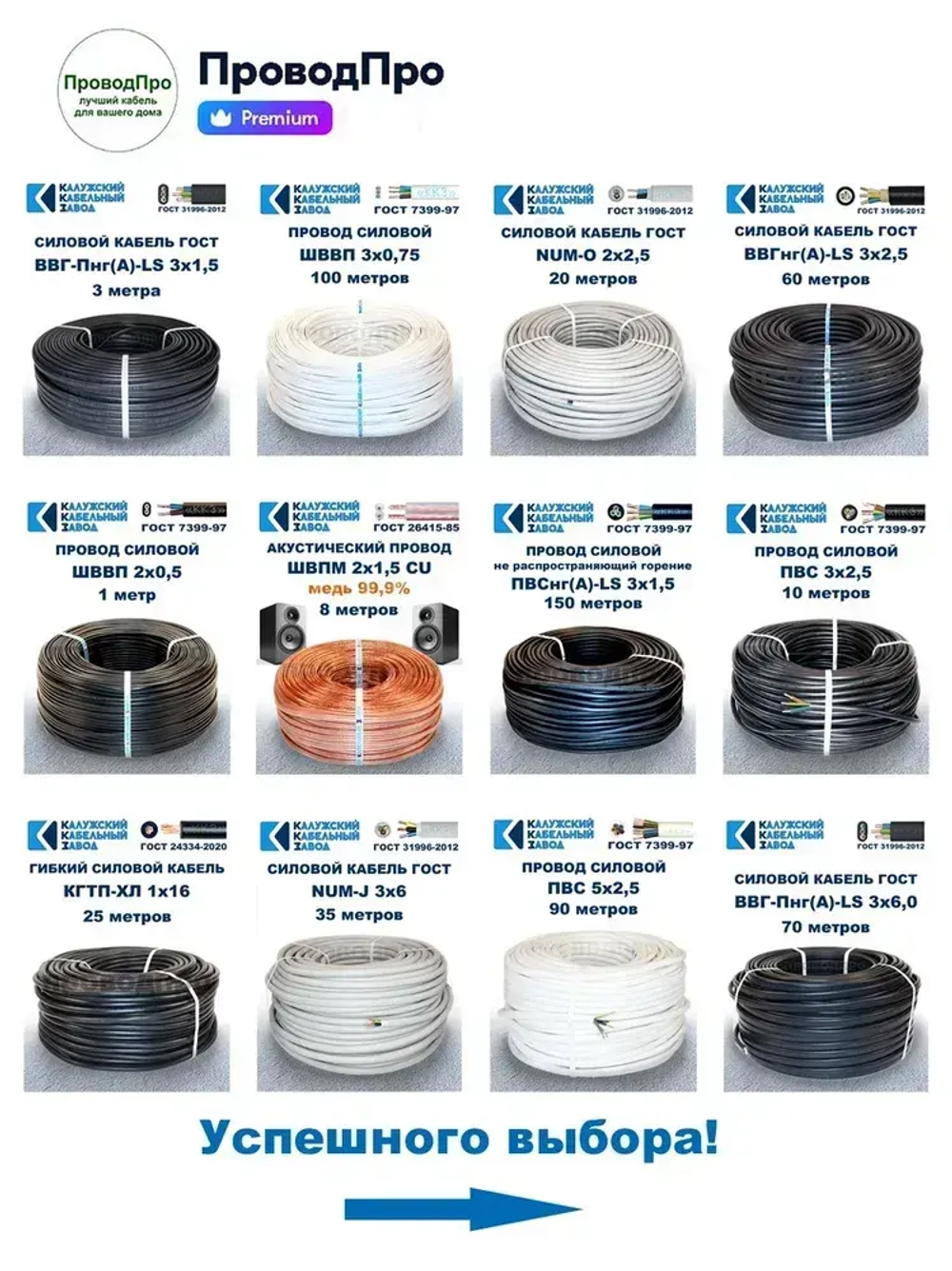 Кабель ВВГ-Пнг(А)-LS 3х1,5 ГОСТ, бухта 100 метров, Калужский кабельный завод, 11,5 кг.