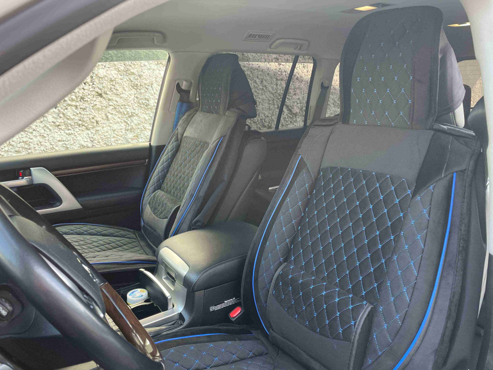 DD - 144 Синий / Комплект чехлов на сиденья, ткань черная, строчка синяя, замша, 5 предметов, серия: ком-фо (за комплект)