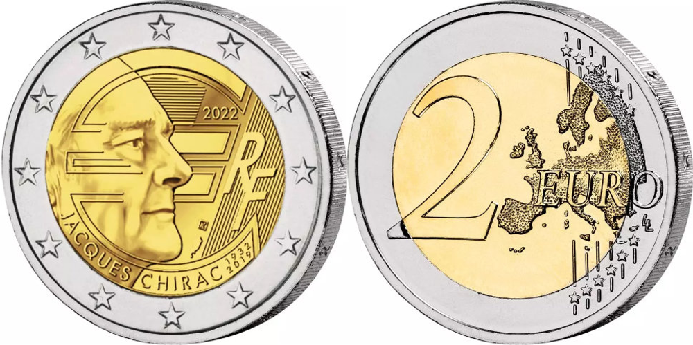 2 евро 2022 года Жак Ширак Франция