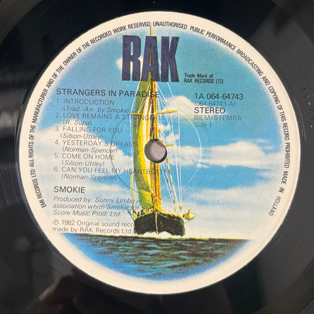 Винтажная виниловая пластинка LP Smokie Смоуки Strangers In Paradise (Нидерланды 1982)