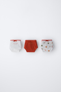 ZARA НАБОР ИЗ ТРЕХ ТРУСОВ С ПРИНТОМ, ЭКРЮ/КРАСНЫЙ