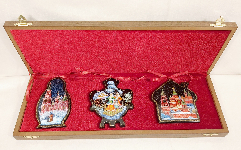 Набор из 3-х ёлочных игрушек  "Русская зима" с росписью Палех