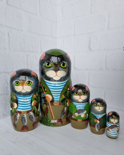 Матрешка "Котик Рыбак" 5мест
