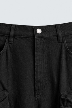 ZARA ДЖИНСОВЫЕ БРЮКИ КАРГО С КАРМАНАМИ, ЧЕРНЫЙ