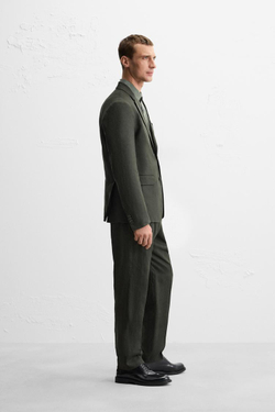 ZARA КОСТЮМНЫЙ БЛЕЙЗЕР ИЗ 100% ЛЬНА, ТЕМНЫЙ ХАКИ