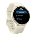 Фитнес-трекер Garmin vivoactive 6, силиконовый ремешок цвета кости Безель цвета «лунное золото», AMOLED-дисплей с Gorilla Glass 3. Ремешок с классической застёжкой — на запястье обхватом 125–190 мм