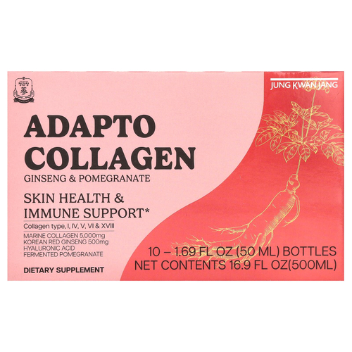 JungKwanJang, Adapto Collagen, со вкусом женьшеня и граната, 10 флаконов по 50 мл (1,69 жидк. унции)