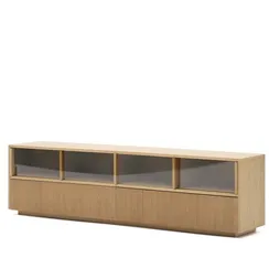 Сервант Helvine с 4 дверцами и 2 ящиками шпон дуба и закаленное стекло, 200 x 54