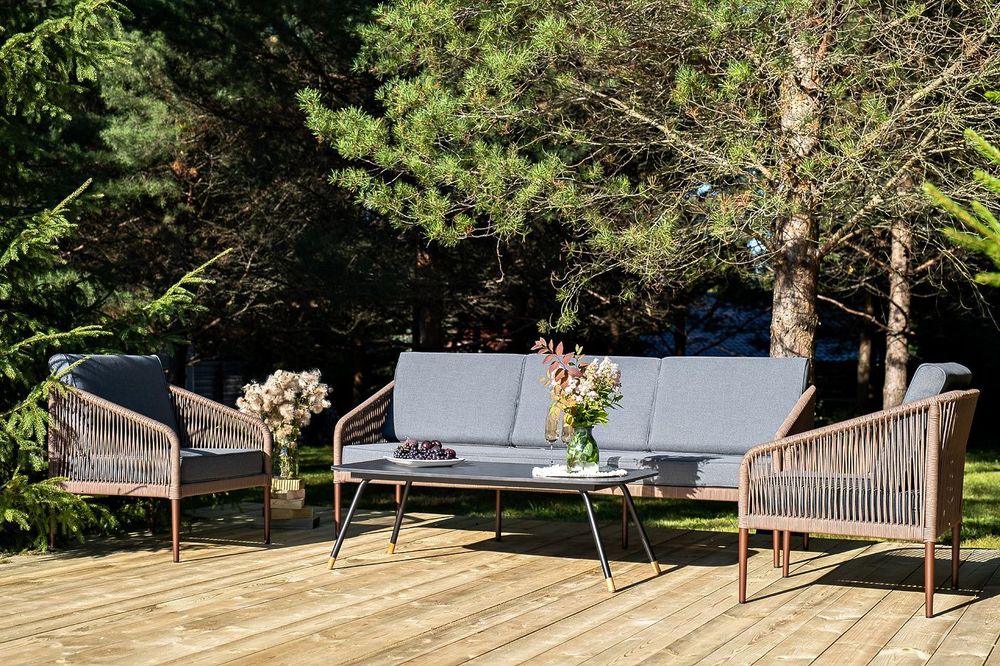 "Канны" лаунж-зона 5-местная из роупа со столом "Верона" (серый гранит), каркас алюминиевый коричневый, роуп коричневый