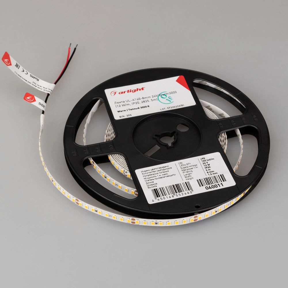 Светодиодная лента UL-A160-8mm 24V Warm3000 (12 W/m, IP20, 2835, 5m) (Arlight, 7 лет) 040011
