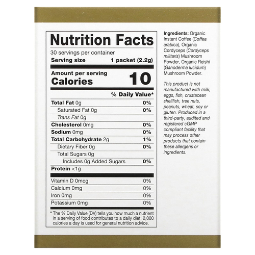 California Gold Nutrition, CafeCeps, сертифицированный органический растворимый кофе с порошком из грибов кордицепс и рейши, 30 пакетиков по 2,2 г (0,08 унции)
