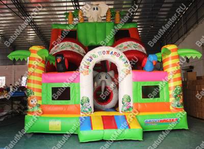 Детский надувной батут-горка "Слоник в джунглях" с окнами по бокам и птичками, 7*5*6 м