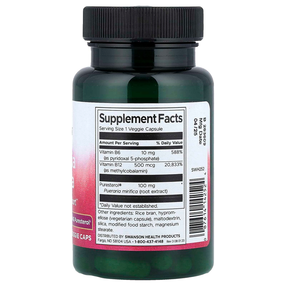Swanson, Пуэрария мирифика с витаминами B6 и B12, 60 растительных капсул