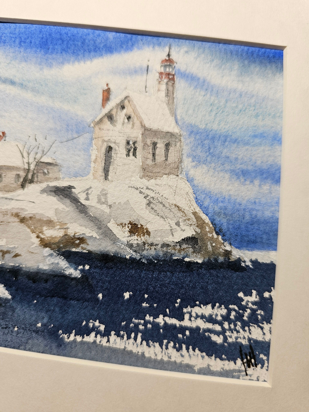 Картина авторская акварельная в паспарту 21х30 см на стену для интерьера "Маяк Лингер"