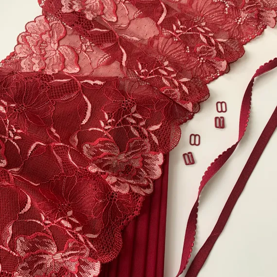 Кружево эластичное бордо/цветы 21 см