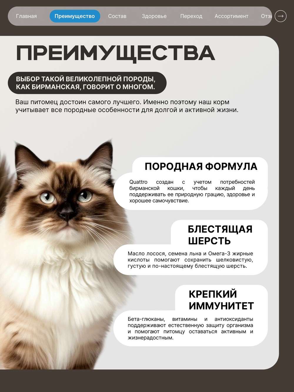Корм сухой для взрослых кошек породы Бирманская, с лососем, 400 гр, QUATTRO