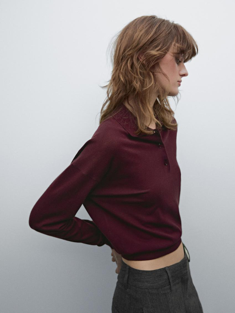 Massimo Dutti Свитер с воротником поло, гранатовый