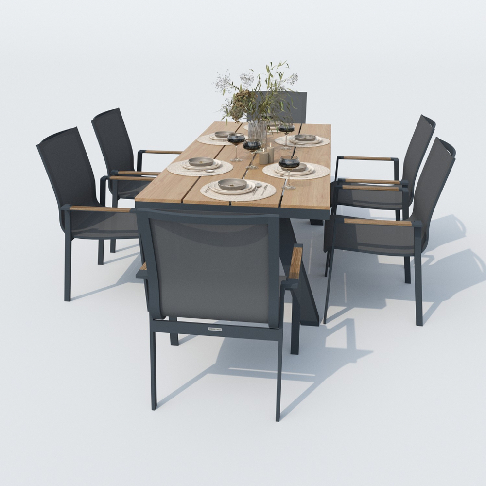 Обеденная группа Ideal Patio МИРРА СОЛА каркас карбон, стол поливуд 180, текстилен серый