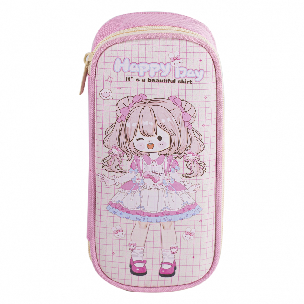 Пенал - косметичка Alingar, ПВХ/ткань, молния, 1 откидная планка, 210 х 90 х 45 мм, "Happy Day" девочка, микс (розовый, фиолет, св-роз), европодвес