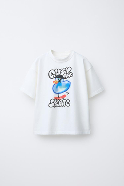 ZARA ФУТБОЛКА С ГРАФФИТИ, ЖЕЛТОВАТО-БЕЛЫЙ